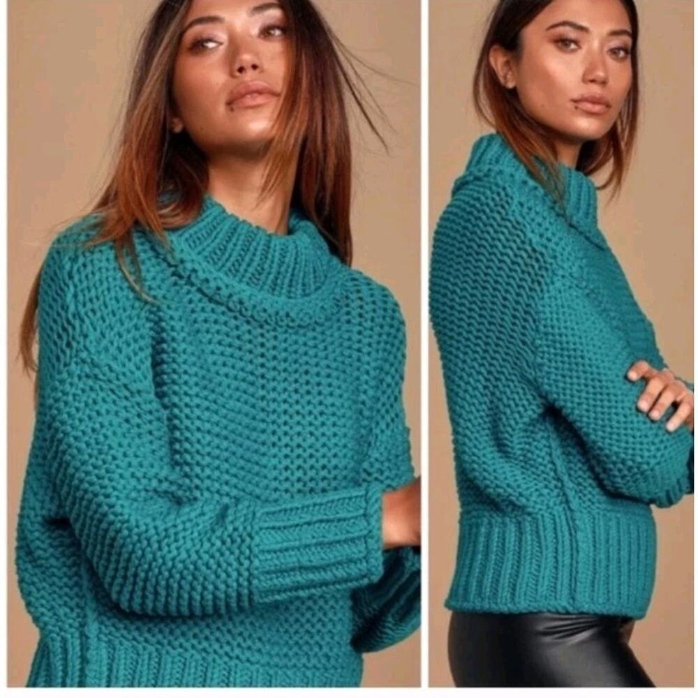 Free People My Only Sunshine Knit Sweater Turquoise Size XS Chunky Slouchy Cozy